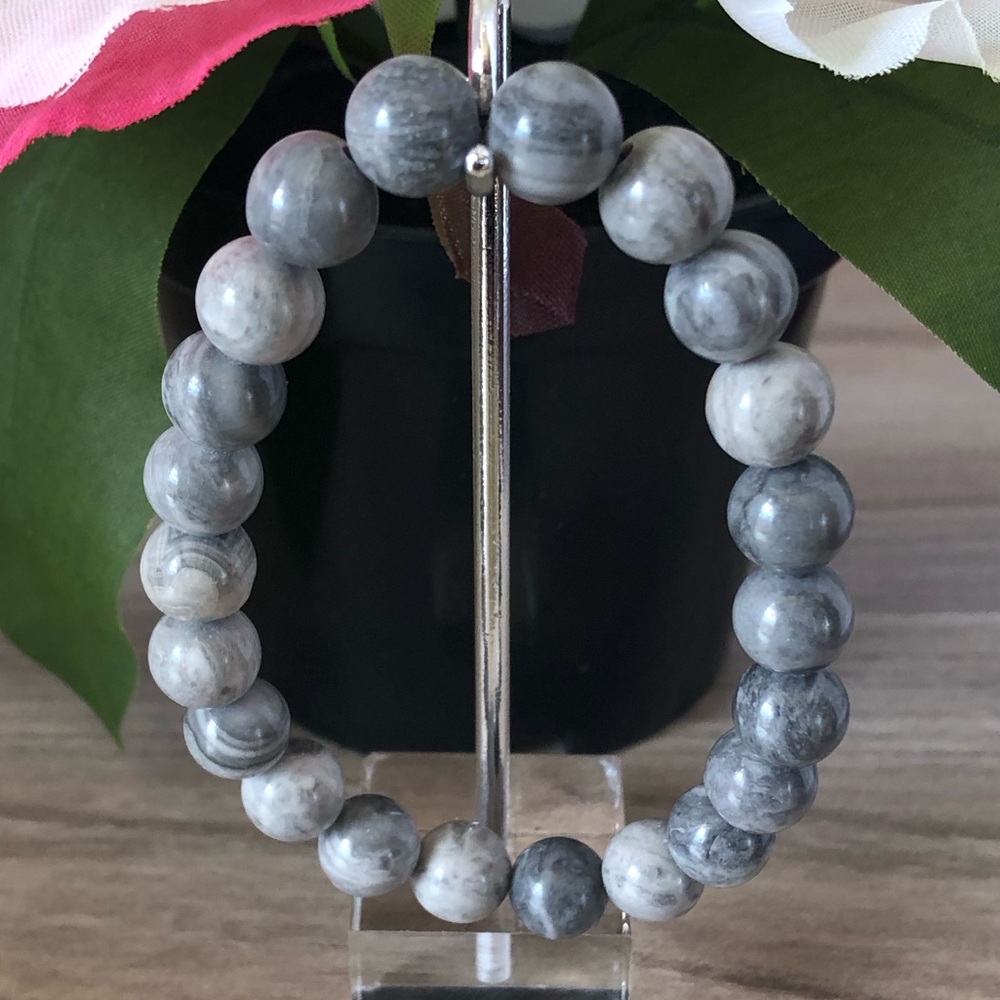 Map Jasper Natural Stone Beads Stretchable Bracelet 7" - 8mm Beads Best Gift